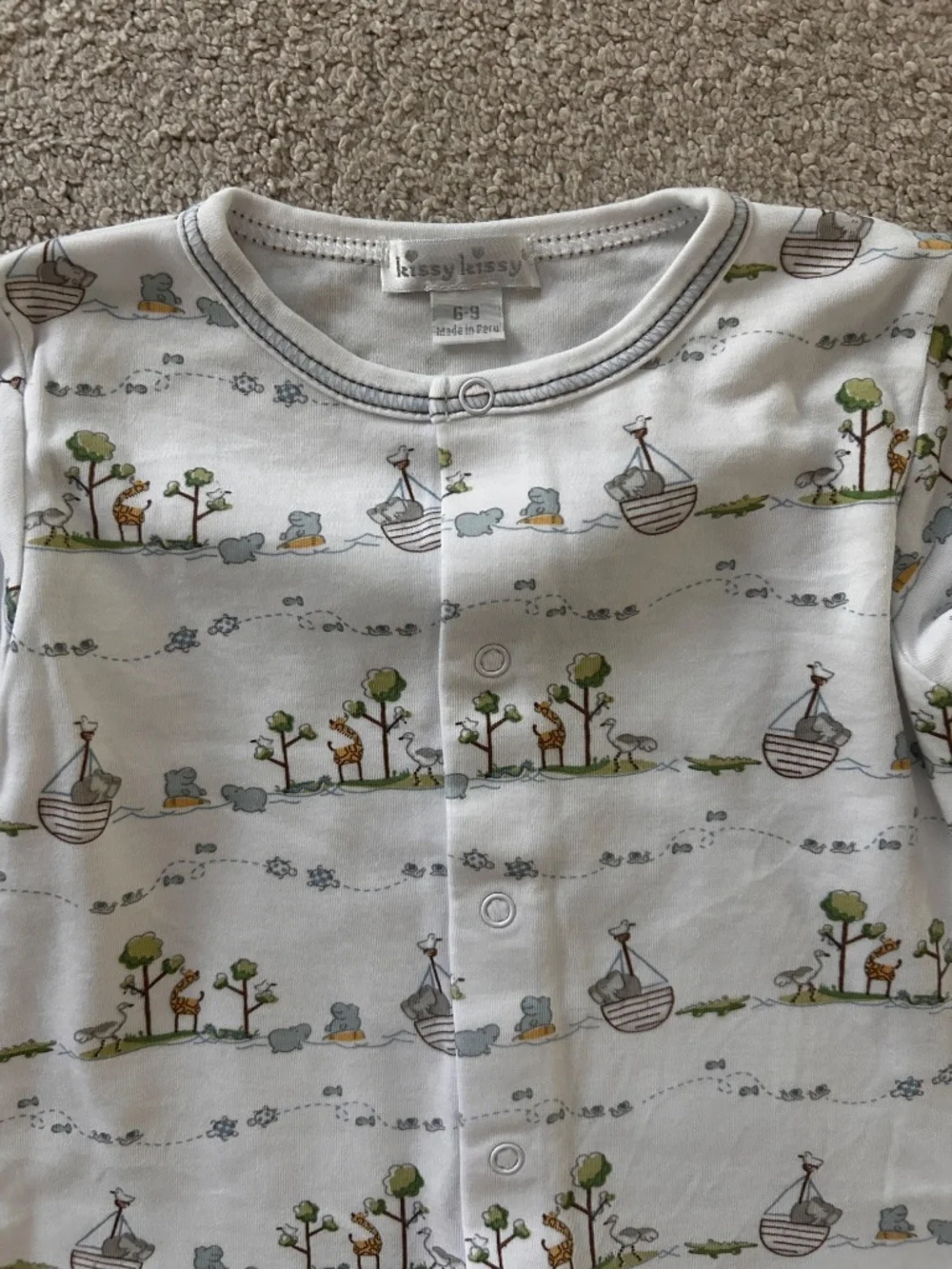 Kissy Kissy Noah’s Arc 6-9m footie LIKE NEW pima cotton